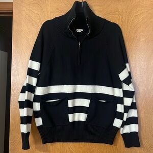 Hem and Thread Quarter Zip Sweater. Black and White. Large.